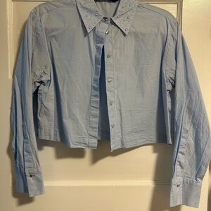 Zara Cropped Light Blue Studded Collar Shirt